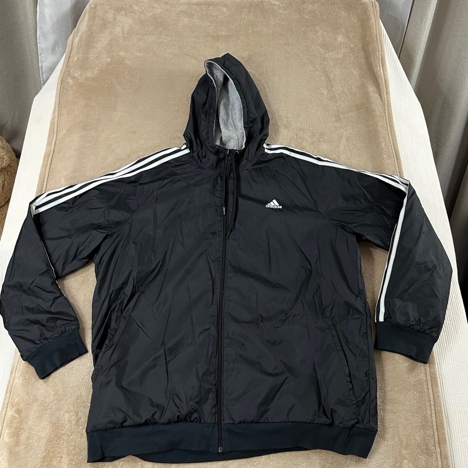 Adidas Reversible Hooded 3 Stripe Jacket Size 2xl Black Grey White Full Zip